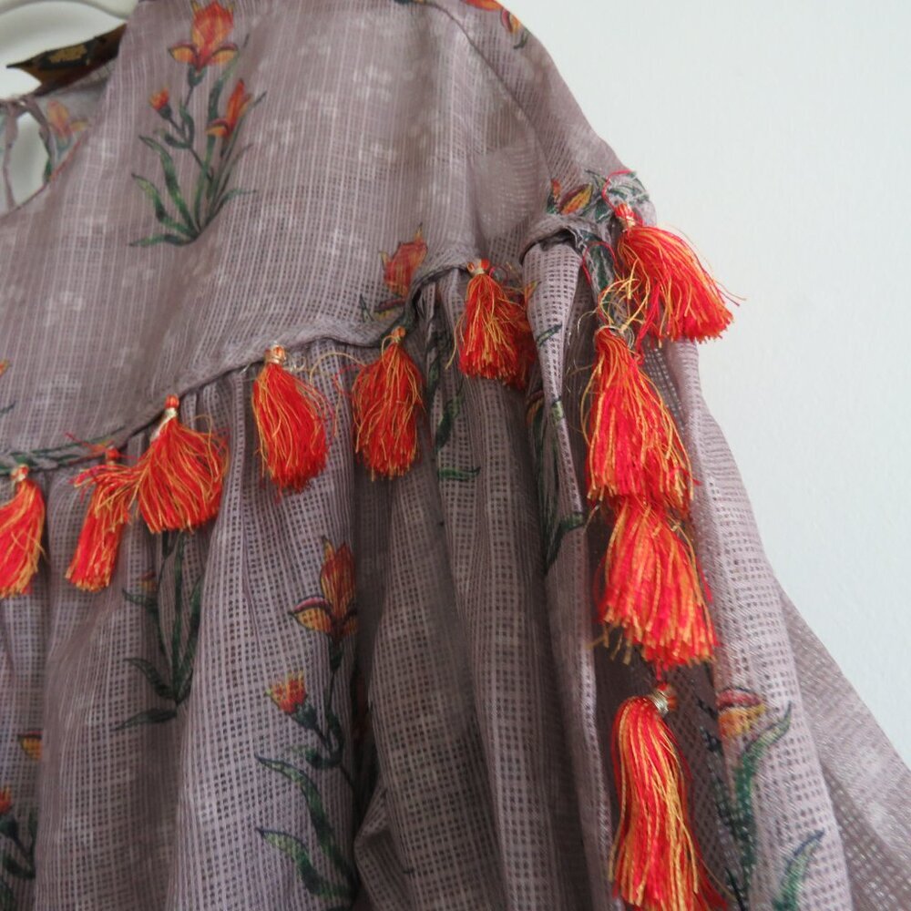 SACHIN + BABI Acacia Floral Tasseled Sheer Boho Blouse - Size S - Picture 8 of 15